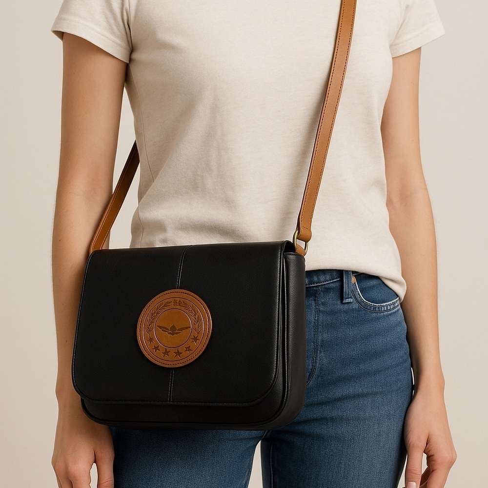 ✨ Vintage Black Leather Crossbody Bag Aviation Patch Messenger Purse Retro Style - Picture 1 of 5